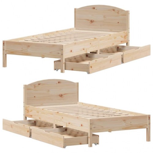 Sengeramme 75x190 cm i massivt fyrretræ med 2 skuffer