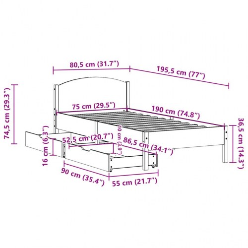 Sengeramme 75x190 cm i massivt fyrretræ med 2 skuffer