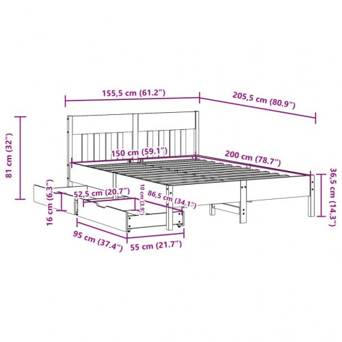 Sengeramme med sengegavl og 2 skuffer 150 x 200 cm - hvid