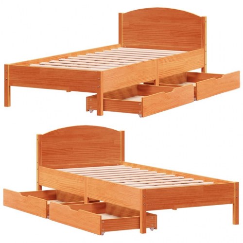 Sengeramme 90 x 200 cm i massivt fyrretræ med 2 skuffer - gyldenbrun