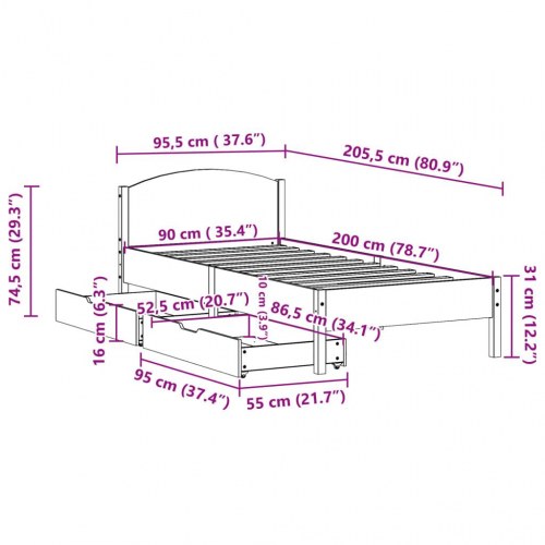 Sengeramme 90 x 200 cm i massivt fyrretræ med 2 skuffer - gyldenbrun