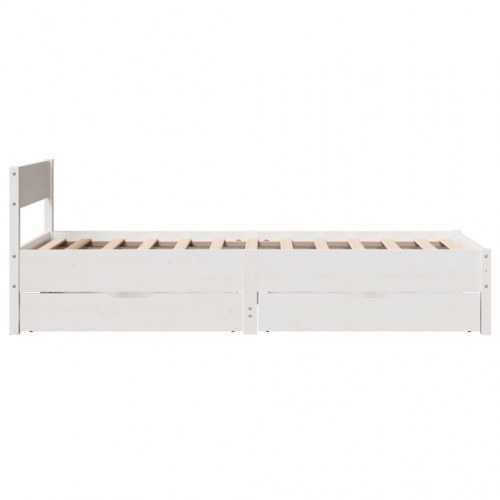 Sengeramme med 2 skuffer og sengegavl 75x190 cm i massivt fyrretræ - hvid
