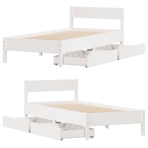 Sengeramme med 2 skuffer og sengegavl 75x190 cm i massivt fyrretræ - hvid