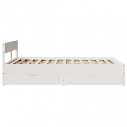 Sengeramme med 2 skuffer og sengegavl 140 x 190 cm massivt fyrretræ - hvid