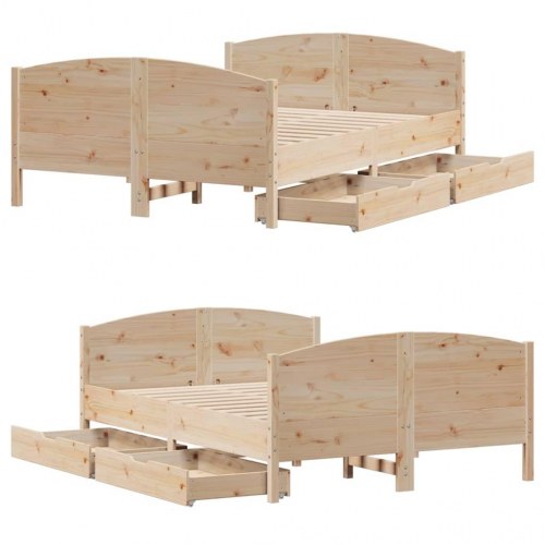Sengeramme 135x190 cm i massivt fyrretræ med 2 skuffer - hvid