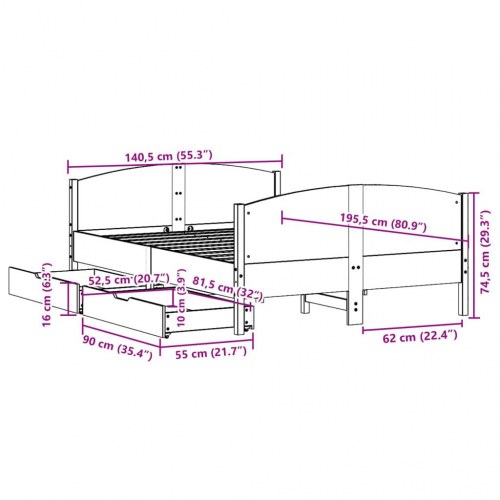 Sengeramme 135x190 cm i massivt fyrretræ med 2 skuffer - hvid