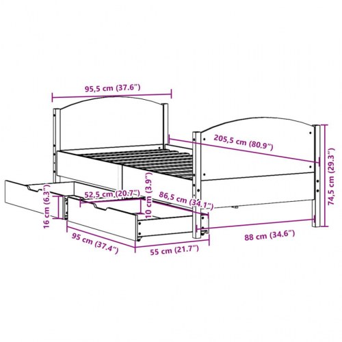 Sengeramme med 2 skuffer 90 x 200 cm massivt fyrretræ - hvid