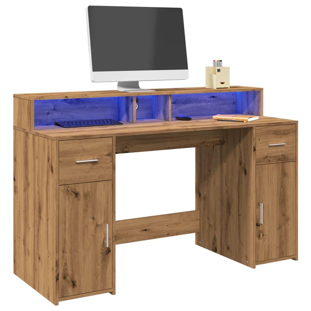 Skrivebord Med Led Lys 140x155x91 Cm Konstrueret Træ Gammelt Eg