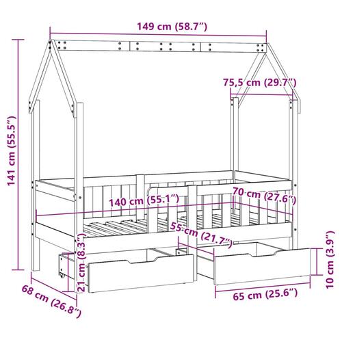 Sengeramme til juniorseng m. skuffer 70x140 cm massivt fyr