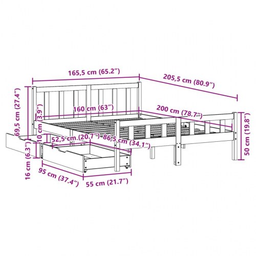 Sengeramme med lamelbund og 2 skuffer 160 x 200 cm - hvid