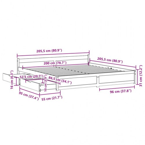 Sengeramme uden madras 200x200 cm massivt fyrretræ