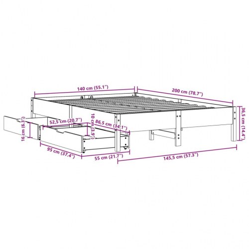 Sengeramme med 2 skuffer 140 x 200 cm massivt fyrretræ - hvid