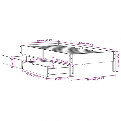Sengeramme 100 x 200 cm med 2 skuffer - gyldenbrun