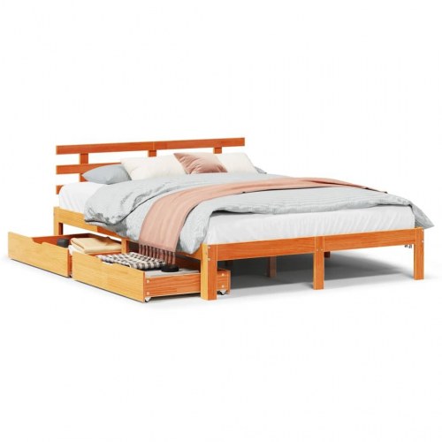 Sengeramme med skuffer 135x190 cm massivt fyrretræ brun