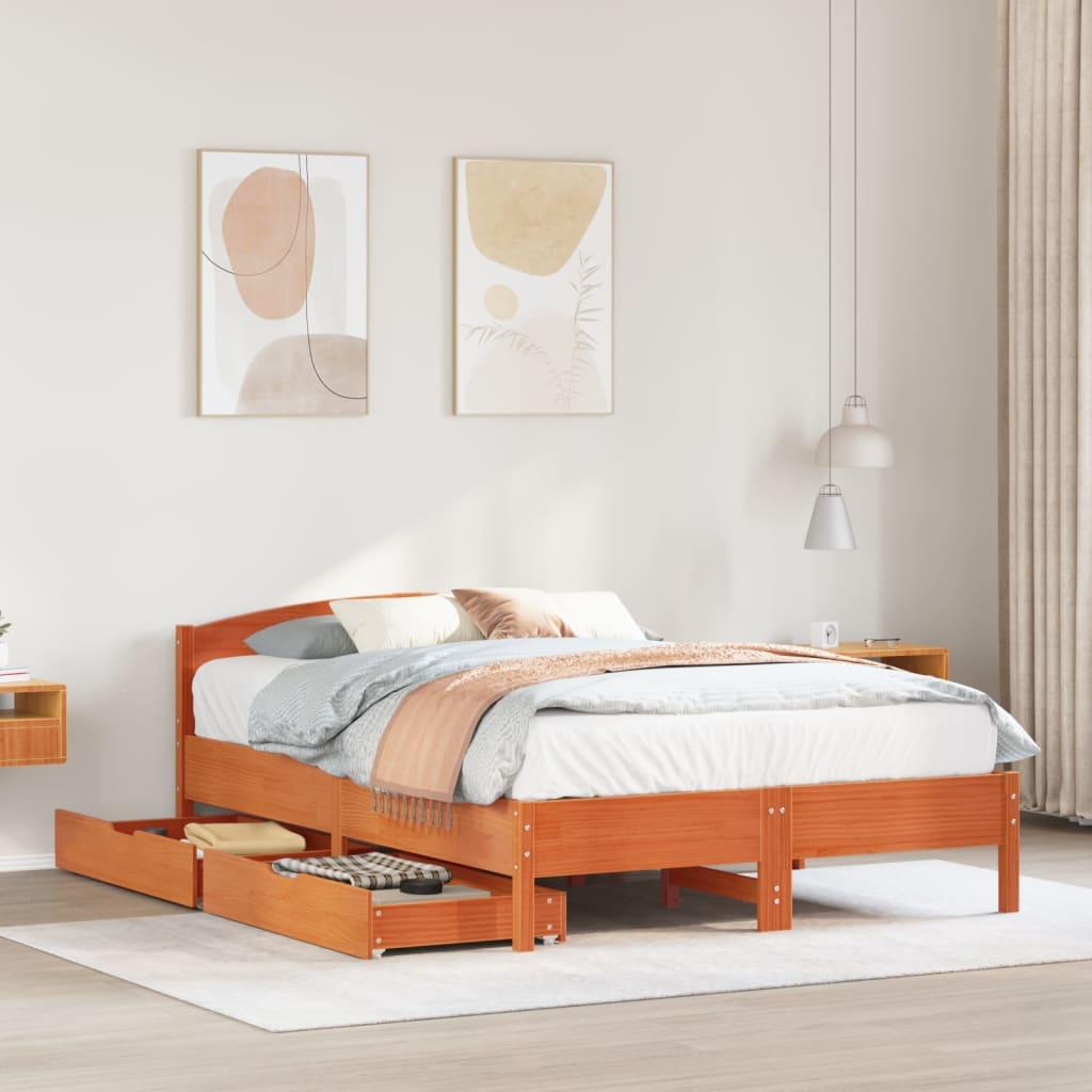 Sengeramme 120x190 cm med opbevaringsskuffer - massivt fyrretræ, gyldenbrun
