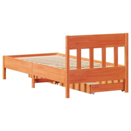 Sengeramme 100 x 200 cm i massivt fyrretræ med 2 skuffer - gyldenbrun
