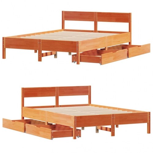 Sengeramme i massivt fyrretræ 140 x 200 cm med 2 skuffer - gyldenbrun
