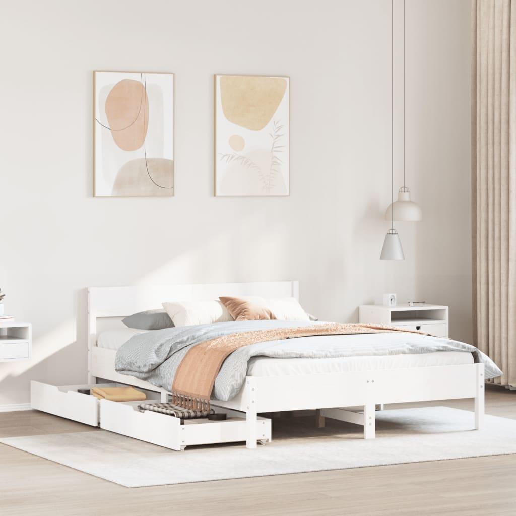 Sengeramme med opbevaringsskuffer 150x200 cm - massivt fyrretræ, hvid