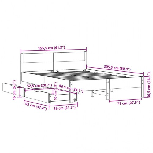Sengeramme med 2 skuffer 150 x 200 cm i massivt fyrretræ - hvid