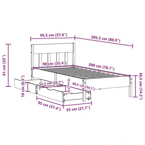 Sengeramme 90 x 200 cm med 2 skuffer og sengegavl - hvid
