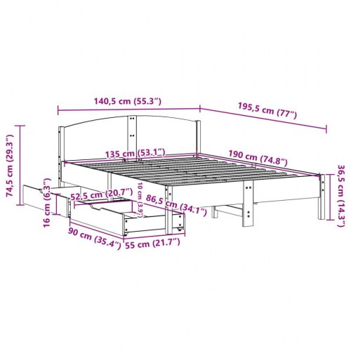 Sengeramme med opbevaring 135x190 cm - massivt fyrretræ, hvid