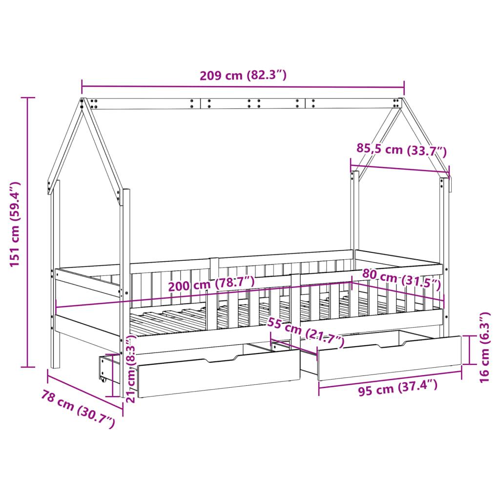 Sengeramme til juniorseng m. skuffer 80x200 cm massivt fyr