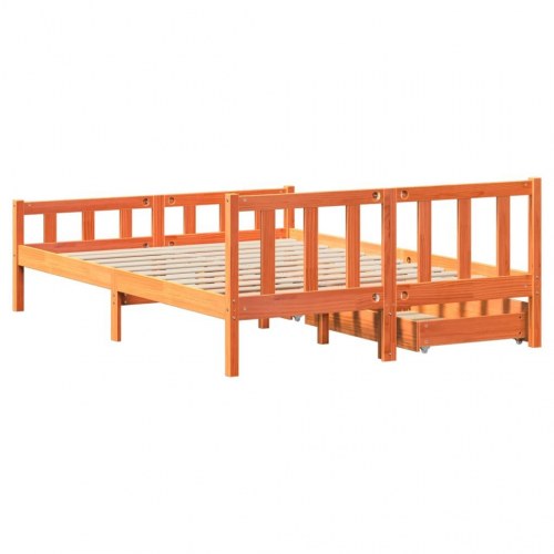 Sengeramme 150 x 200 cm med 2 skuffer - massivt fyrretræ, gyldenbrun