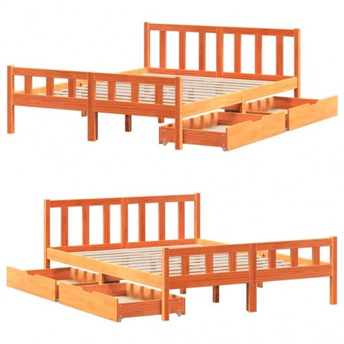Sengeramme 150 x 200 cm med 2 skuffer - massivt fyrretræ, gyldenbrun