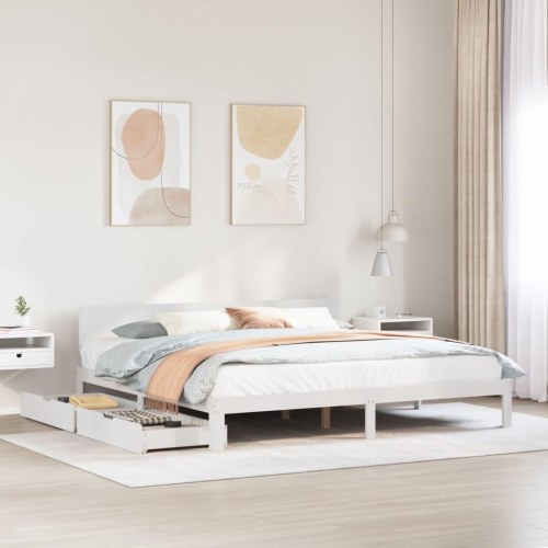 Sengeramme med 2 skuffer 200 x 200 cm massivt fyrretræ - hvid