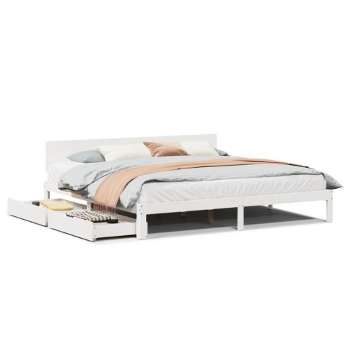 Sengeramme med 2 skuffer 200 x 200 cm massivt fyrretræ - hvid