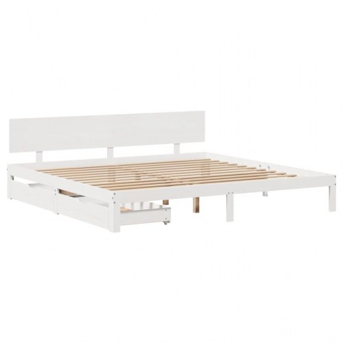 Sengeramme med 2 skuffer 200 x 200 cm massivt fyrretræ - hvid