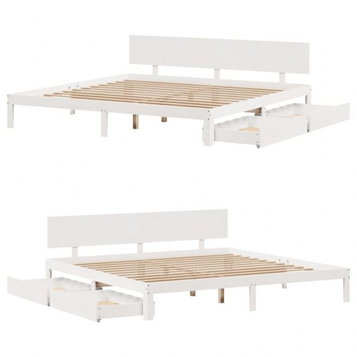 Sengeramme med 2 skuffer 200 x 200 cm massivt fyrretræ - hvid