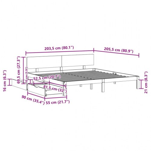 Sengeramme med 2 skuffer 200 x 200 cm massivt fyrretræ - hvid