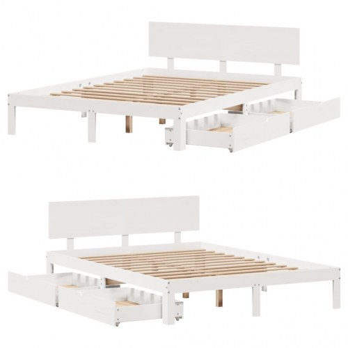 Sengeramme med 2 skuffer 150 x 200 cm i massivt fyrretræ - hvid