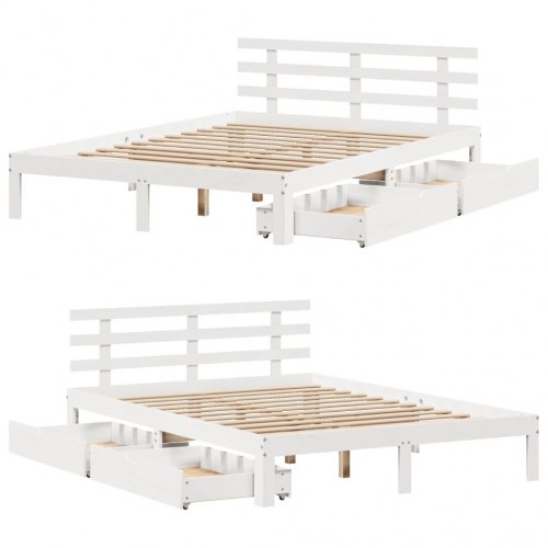 Sengeramme med skuffer 140x190 cm - massivt fyrretræ, hvid