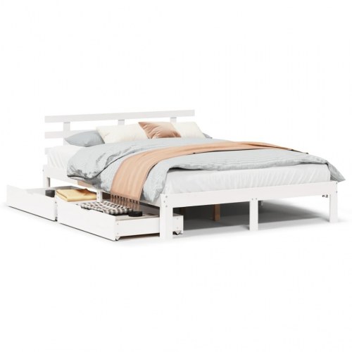 Sengeramme med skuffer 135×190 cm - massivt fyrretræ, hvid
