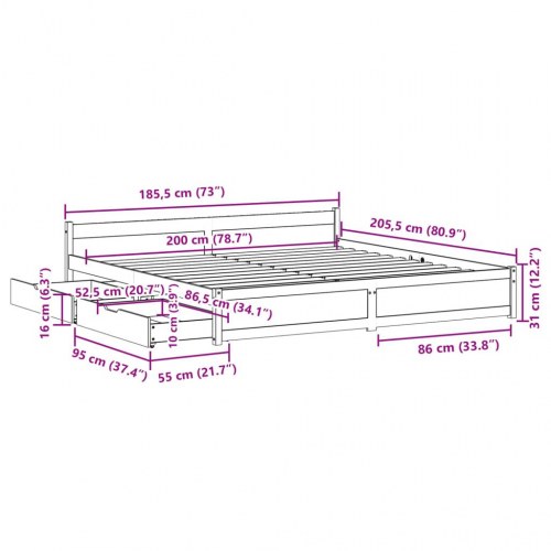 Sengeramme 180 x 200 cm med 2 skuffer - hvid