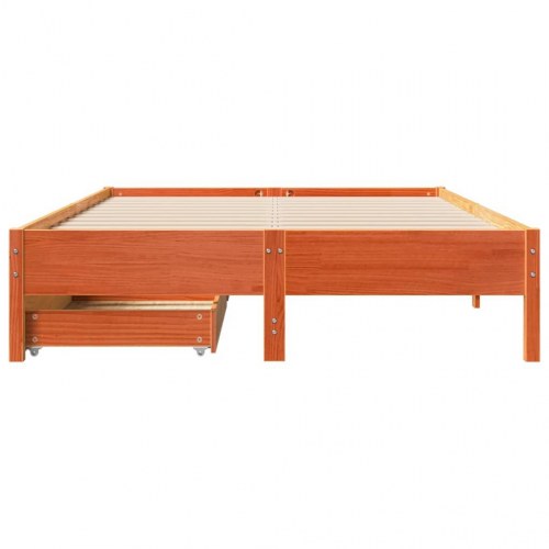 Sengeramme 140 x 200 cm i massivt fyrretræ med 2 skuffer - gyldenbrun