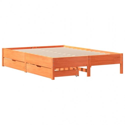 Sengeramme 160x200 cm med 2 skuffer - massivt fyrretræ, gyldenbrun
