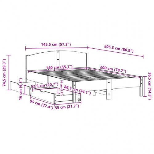 Sengeramme med 2 skuffer 140 x 200 cm i massivt fyrretræ - hvid