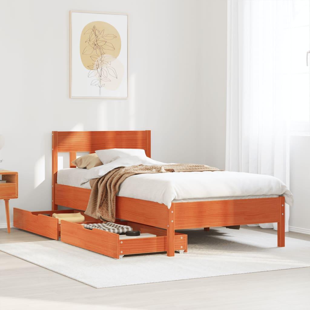 Sengeramme 90x190 cm i massivt fyrretræ - gyldenbrun med 2 opbevaringsskuffer