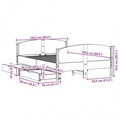 Sengeramme 120x190 cm i massivt fyrretræ med 2 skuffer