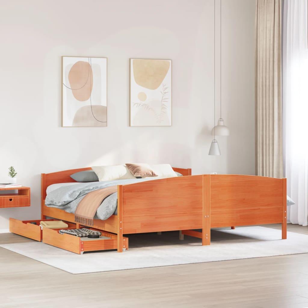 Sengeramme 200x200 cm i massivt fyrretræ - gyldenbrun med 2 skuffer