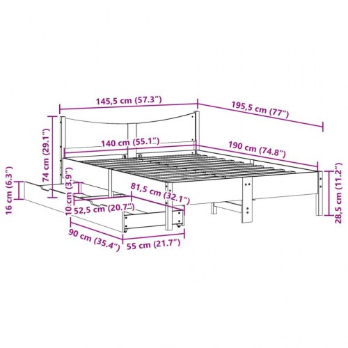 Sengeramme med 2 skuffer 140 x 190 cm i massivt fyrretræ - hvid
