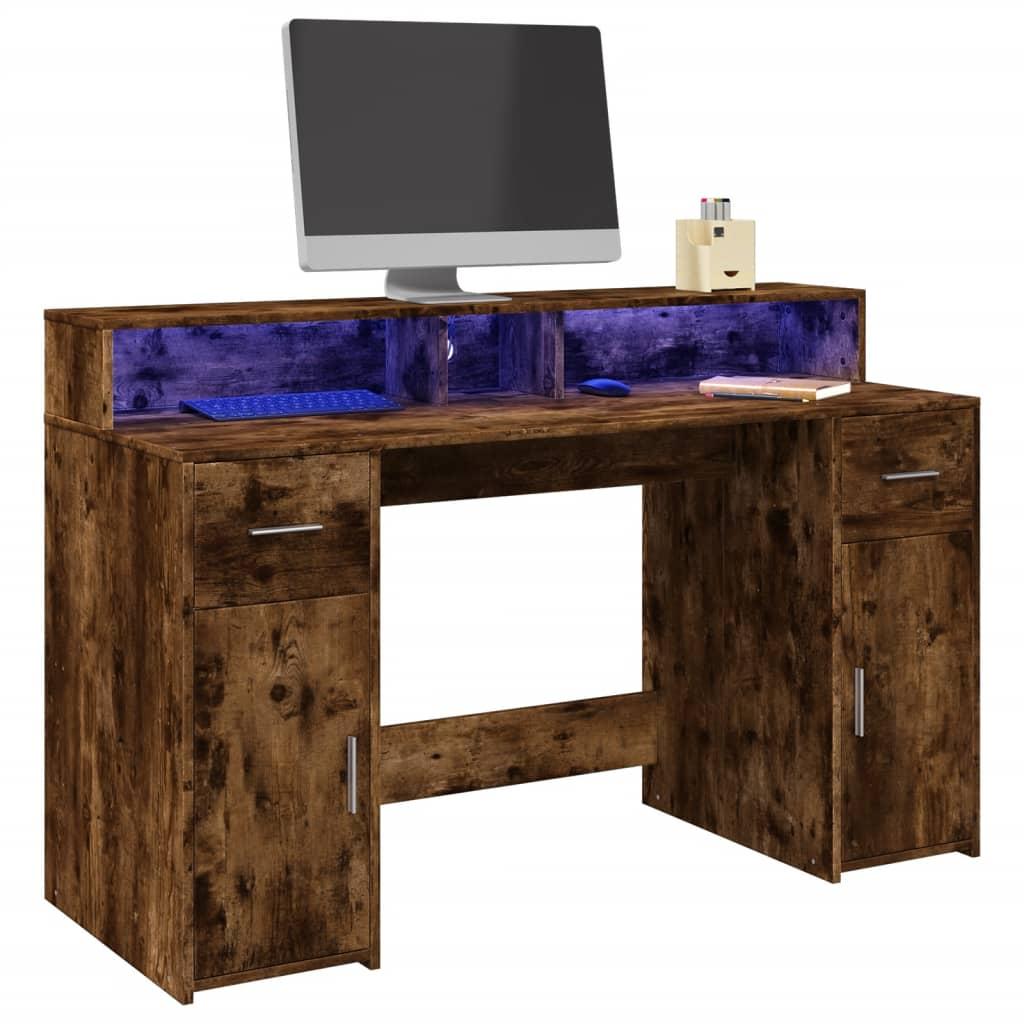 Skrivebord Med Led Lys 140x55x91 Cm Konstrueret Træ Røget Eg