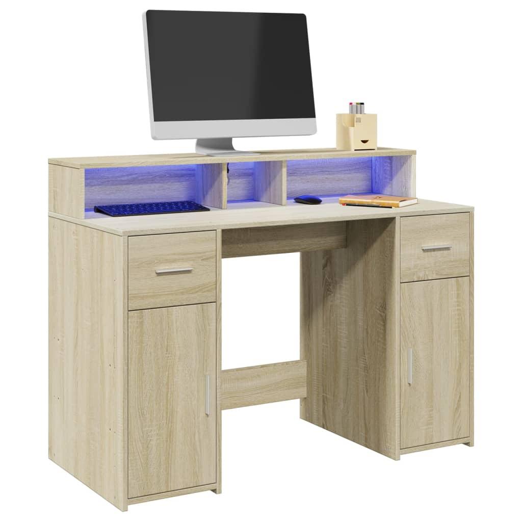 Skrivebord Med Led Lys 120x55x91 Cm Konstrueret Træ Sonoma Eg