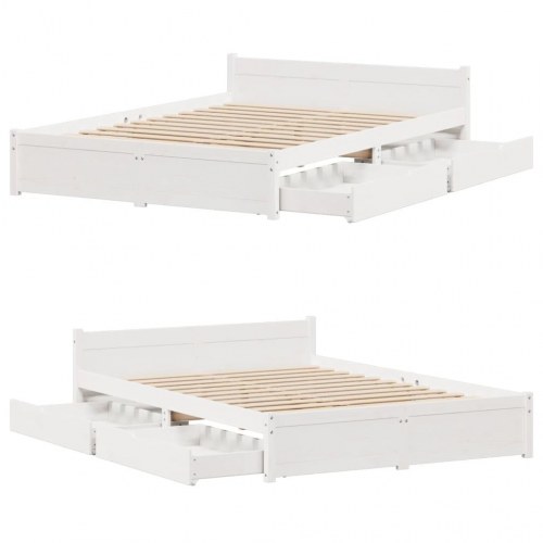 Sengeramme med 2 skuffer 150 x 200 cm i massivt fyrretræ - hvid