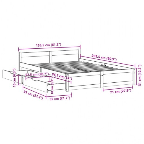 Sengeramme med 2 skuffer 150 x 200 cm i massivt fyrretræ - hvid