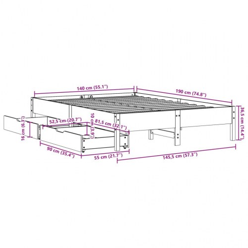 Sengeramme 140x190 cm med 2 skuffer - hvid