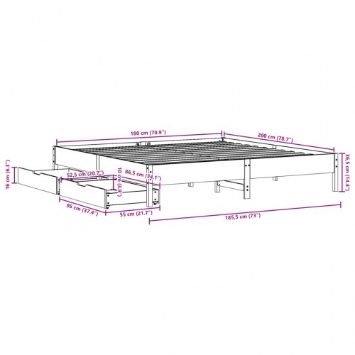 Sengeramme 180 x 200 cm med 2 skuffer i massivt fyrretræ - hvid